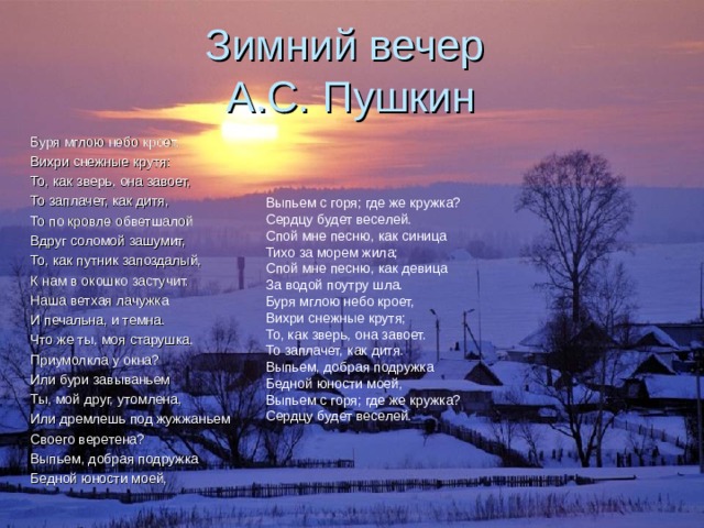 Стих пушкина буря небо кроет. Стих Пушкина зимний вечер отрывок.