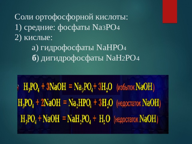 Соли ортофосфорной кислоты:  1) средние:  фосфаты N а 3 РО 4  2) кислые:  а) гидрофосфаты N аНРО 4    б ) дигидрофосфаты N аН 2 РО 4     