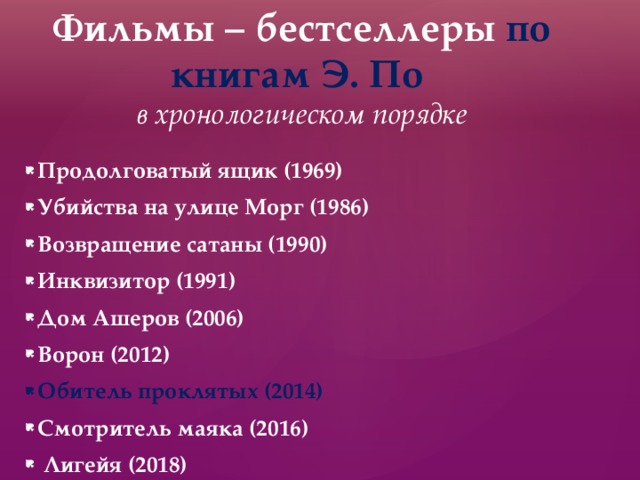 Фильмы – бестселлеры по книгам Э. По  в хронологическом порядке Продолговатый ящик (1969) Убийства на улице Морг (1986) Возвращение сатаны (1990) Инквизитор (1991) Дом Ашеров (2006) Ворон (2012) Обитель проклятых (2014) Смотритель маяка (2016)  Лигейя (2018) 