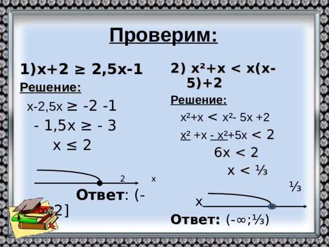 Проверим: х+2 ≥ 2,5х-1 2) х ² +х  х(х-5)+2 Решение:  х ² +х  х ² +х - х ² +5х  6х  х  ⅓ х  Ответ: (-∞;⅓) Решение:  х-2,5х ≥ -2 -1  - 1,5х ≥ - 3  х ≤ 2  2 х  Ответ : (-∞;2 ]