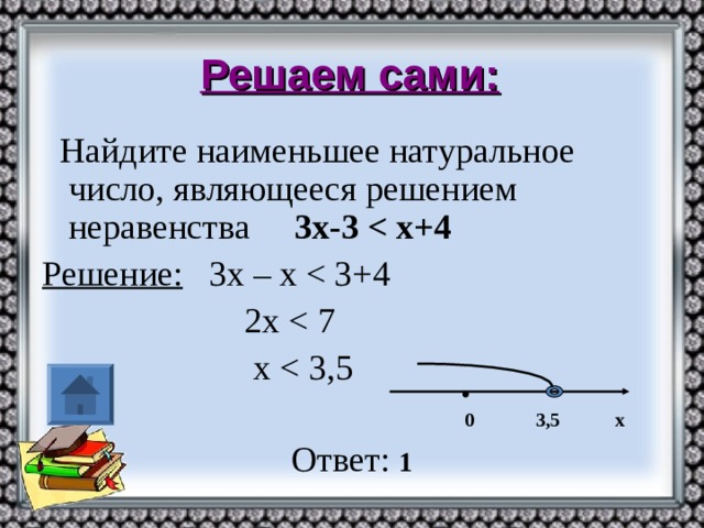 Решаем сами:  Найдите наименьшее натуральное число, являющееся решением неравенства 3х-3  х+4 Решение:  3х – х  2х  х  0  3,5 х  Ответ: 1