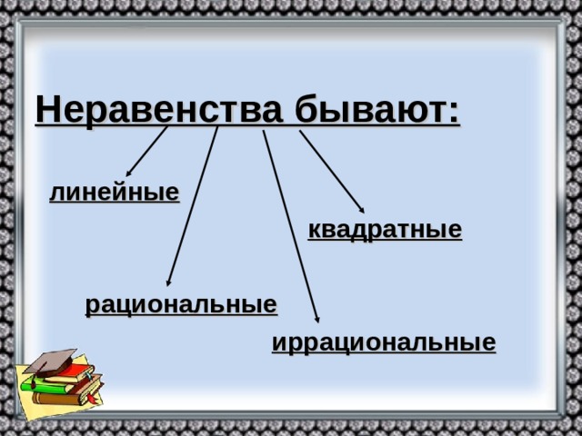 Неравенства бывают:   линейные   квадратные   рациональные  иррациональные
