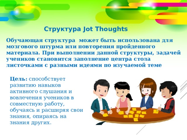 Структура Jot Thoughts Обучающая структура может быть использована для мозгового штурма или повторения пройденного материала. При выполнении данной структуры, задачей учеников становится заполнение центра стола листочками с разными идеями по изучаемой теме Цель:  способствует развитию навыков активного слушания и вовлечения учеников в совместную работу, обучаясь и расширяя свои знания, опираясь на знания других. 