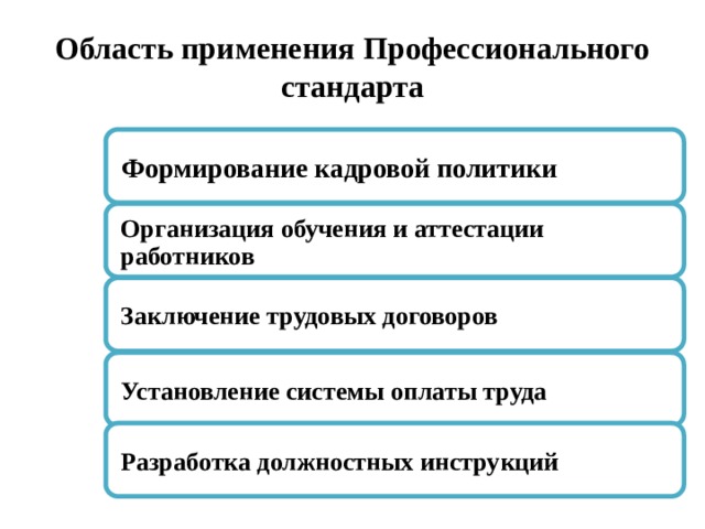 Область применения Профессионального стандарта Формирование кадровой политики Организация обучения и аттестации работников Заключение трудовых договоров Установление системы оплаты труда Разработка должностных инструкций 
