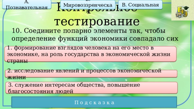 А. Познавательная В. Социальная Б. Мировоззренческая Контрольное тестирование 10. Соедините попарно элементы так, чтобы определение функций экономики совпадало сих характеристикой . 1. формирование взглядов человека на его место в экономике, на роль государства в экономической жизни страны 2. исследование явлений и процессов экономической жизни 3. служение интересам общества, повышение благосостояния людей Сущность каждой функции даётся в самом названии. Подумайте, что означает каждое из них. П о д с к а з к а 