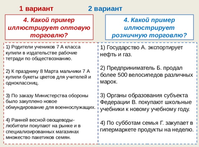  1 вариант 2 вариант 4. Какой пример иллюстрирует оптовую торговлю? 4. Какой пример иллюстрирует розничную торговлю? 1) Родители учеников 7 А класса купили в издательстве ра­бочие тетради по обществознанию. 1) Государство А. экспортирует нефть и газ.  2) К празднику 8 Марта мальчики 7 А купили букеты цве­тов для учителей и одноклассниц.  2) Предприниматель Б. продал более 500 велосипедов раз­личных марок.  3) По заказу Министерства обороны было закуплено новое обмундирование для военнослужащих.  3) Органы образования субъекта Федерации В. покупают школьные учебники к новому учебному году.  4) Ранней весной овощеводы-любители покупают на рынке и в специализированных магазинах множество пакетиков семян.  4) По субботам семья Г. закупает в гипермаркете продукты на неделю. 