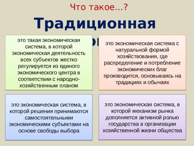 Что такое…? Традиционная экономика   это такая экономическая система, в которой экономическая деятельность всех субъектов жестко регулируется из единого экономического центра в соответствии с народно-хозяйственным планом это экономическая система с натуральной формой хозяйствования, где распределение и потребление экономических благ производится, основываясь на традициях и обычаях это экономическая система, в которой решения принимаются самостоятельными экономическими субъектами на основе свободы выбора это экономическая система, в которой механизм рынка дополняется активной ролью государства в организации хозяйственной жизни общества 