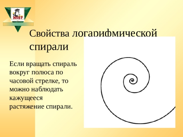 Свойства логарифмической спирали  Если вращать спираль вокруг полюса по часовой стрелке, то можно наблюдать кажущееся растяжение спирали. 