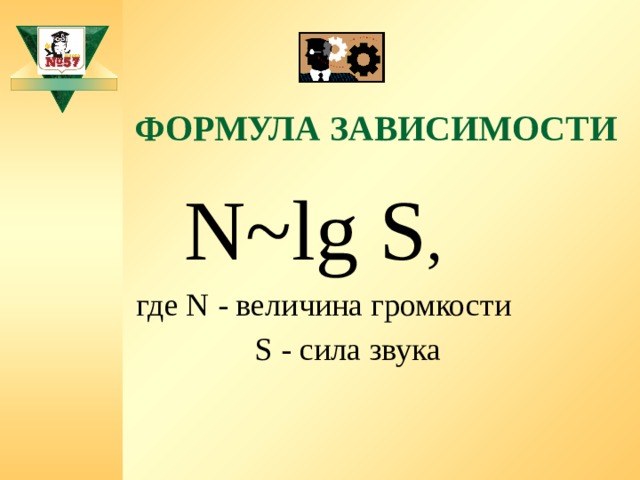Формула зависимости N~lg S ,  где N - величина громкости  S - сила звука 
