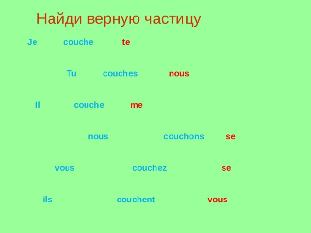 Найди верную частицу  Je couche te   Tu couches nous   Il couche me   nous couchons  se   vous couchez se   ils couchent vous  