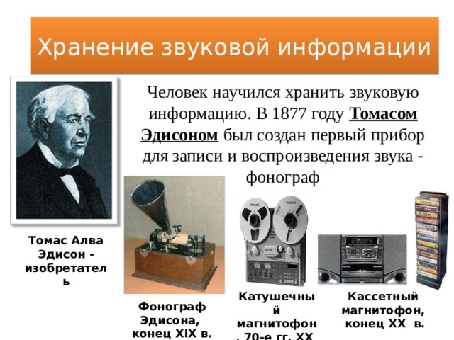 Хранение звуковой информации Человек научился хранить звуковую информацию. В 1877 году Томасом Эдисоном был создан первый прибор для записи и воспроизведения звука - фонограф Томас Алва Эдисон - изобретатель Катушечный магнитофон, 70-е гг. XX в. Кассетный магнитофон,  конец XX в. Фонограф Эдисона,  конец XIX в. 