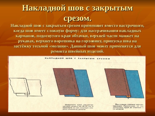 Закрытый шов. Накладной шов с подогнутым срезом. Настрочной шов с двумя закрытыми срезами. Настрочной шов расстрочной и накладной. Накладной шов с закрытым срезом.