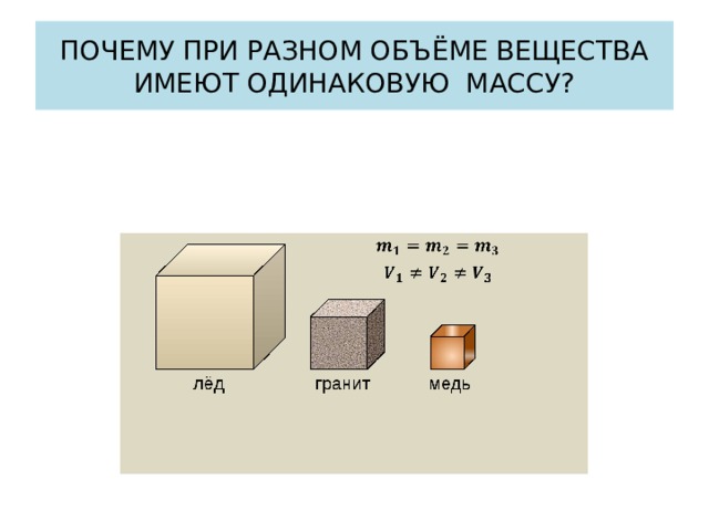 При одинаковых объемах. Вещества одинаковой массы имеют разный объем. Одинаковый объем разная масса. Одинаковые тела из разных веществ. Вещества одинаковый вес, разный объем.