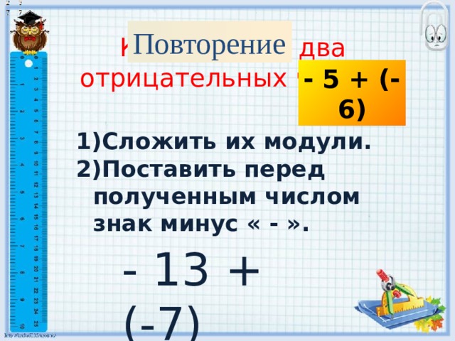 Повторение Как сложить два отрицательных числа? - 5 + (-6) Сложить их модули. Поставить перед полученным числом знак минус « - ». - 13 + (-7)