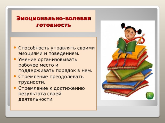 Эмоционально-волевая готовность Способность управлять своими эмоциями и поведением. Умение организовывать рабочее место и поддерживать порядок в нем. Стремление преодолевать трудности. Стремление к достижению результата своей деятельности.   