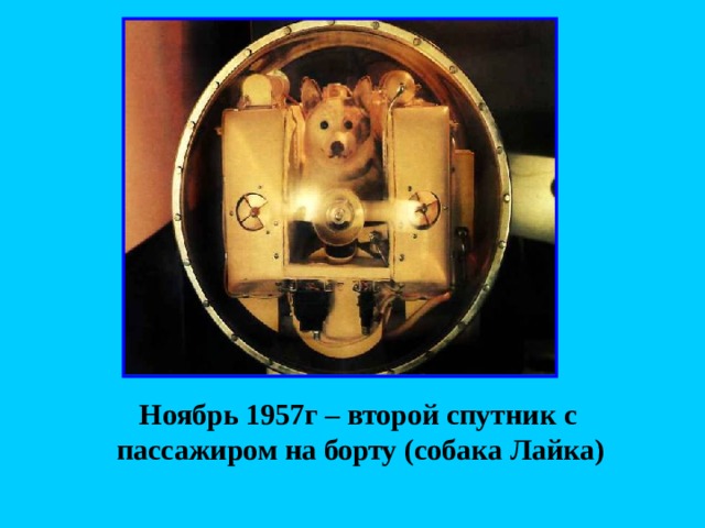  Ноябрь 1957г – второй спутник с пассажиром на борту (собака Лайка)  