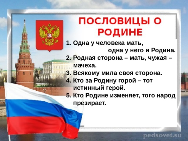 Одна у человека мать,  одна у него и Родина. 2. Родная сторона – мать, чужая – мачеха. 3. Всякому мила своя сторона. 4. Кто за Родину горой – тот истинный герой. 5. Кто Родине изменяет, того народ презирает.   