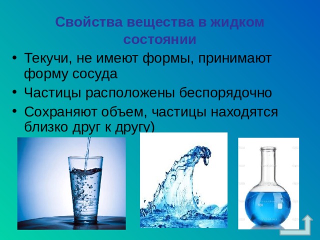 Свойства вещества в жидком состоянии Текучи, не имеют формы, принимают форму сосуда Частицы расположены беспорядочно Сохраняют объем, частицы находятся близко друг к другу)  