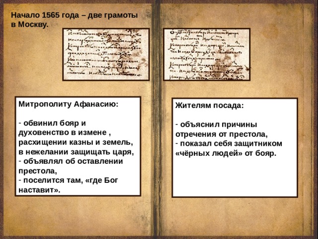 Начало 1565 года – две грамоты в Москву. Митрополиту Афанасию:  обвинил бояр и духовенство в измене , расхищении казны и земель, в нежелании защищать царя,  объявлял об оставлении престола,  поселится там, «где Бог наставит». Жителям посада:  объяснил причины отречения от престола,  показал себя защитником «чёрных людей» от бояр.     