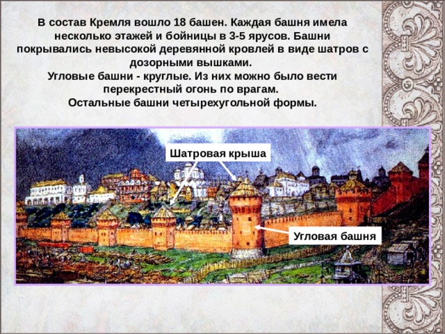 В состав Кремля вошло 18 башен. Каждая башня имела несколько этажей и бойницы в 3-5 ярусов. Башни покрывались невысокой деревянной кровлей в виде шатров с дозорными вышками. Угловые башни - круглые. Из них можно было вести перекрестный огонь по врагам. Остальные башни четырехугольной формы. План Кремля. Шатровая крыша Угловая башня Новая кремлевская стена с 18-ю башнями имеют форму неправильного треугольника. Её длина 2235 м, высота от 5 до 19 м, толщина от 3,5 до 6,5 метров в зависимости от рельефа. 