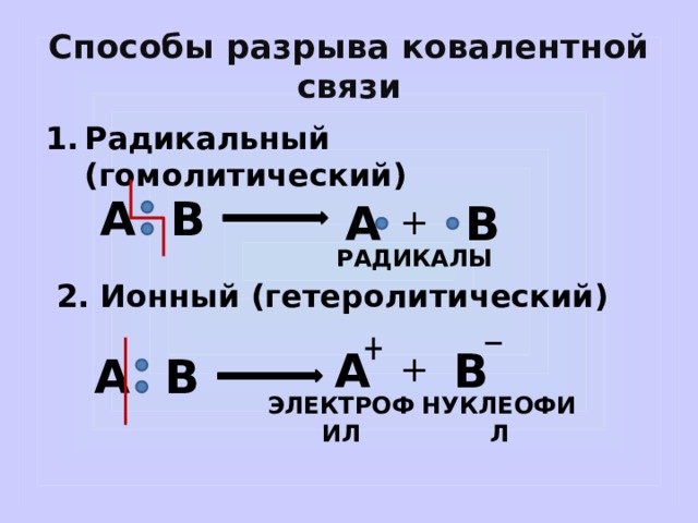 Радикальные связи. Способы разрыва химических связей. Гомолитический разрыв связи. Типы разрыва связей в органических соединениях гомолитический. Гомолитический разрыв ковалентной связи.