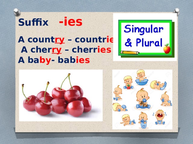 Suffix -ies  A count ry  – countr ies   A cher ry  – cherr ies   A ba by - bab ies        