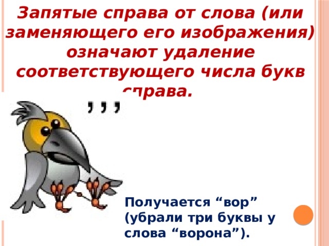 Запятые справа от слова (или заменяющего его изображения) означают удаление соответствующего числа букв справа.  Получается “вор” (убрали три буквы у слова “ворона”). 