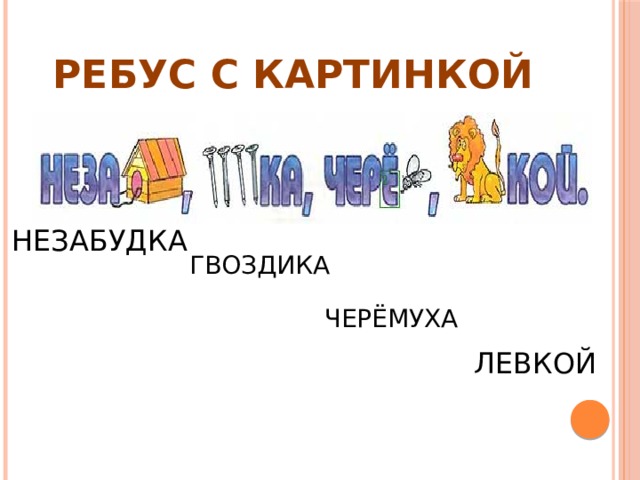 РЕБУС С КАРТИНКОЙ НЕЗАБУДКА ГВОЗДИКА ЧЕРЁМУХА ЛЕВКОЙ 