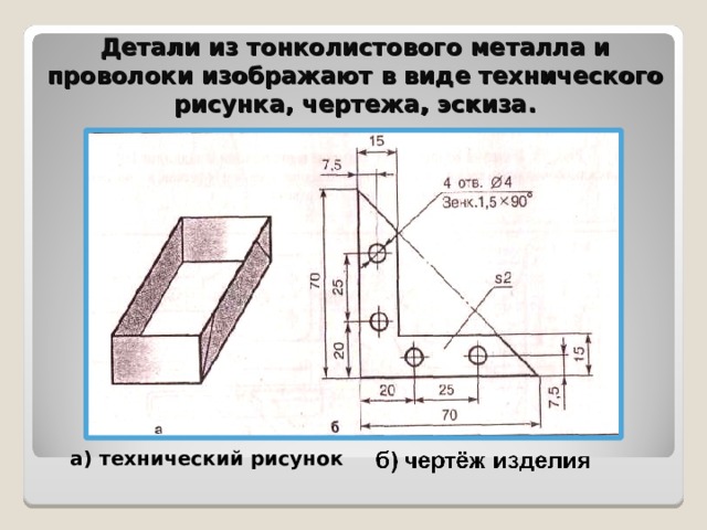 Детали из тонколистового металла и проволоки изображают в виде технического рисунка, чертежа, эскиза. а) технический рисунок 