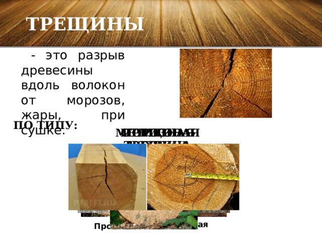 Трещины  - это разрыв древесины вдоль волокон от морозов, жары, при сушке . По типу: Метиковая трещина Морозная трещина Трещина усушки Отлупная трещина Сложная Простая 