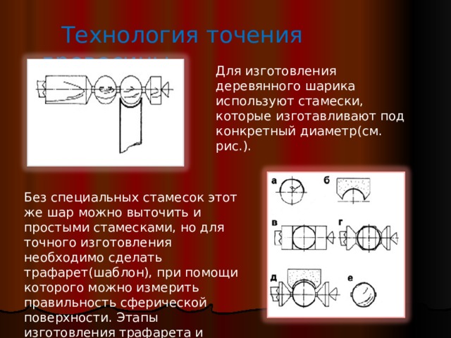  Технология точения древесины Для изготовления деревянного шарика используют стамески, которые изготавливают под конкретный диаметр(см. рис.). Без специальных стамесок этот же шар можно выточить и простыми стамесками, но для точного изготовления необходимо сделать трафарет(шаблон), при помощи которого можно измерить правильность сферической поверхности. Этапы изготовления трафарета и точения показаны на рисунке справа   