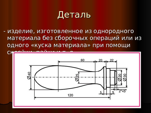 Деталь  - изделие, изготовленное из однородного материала без сборочных операций или из одного «куска материала» при помощи склейки, пайки и т. д. 