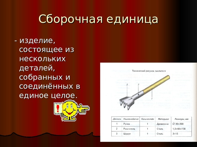 Сборочная единица  - изделие, состоящее из нескольких деталей, собранных и соединённых в единое целое. 