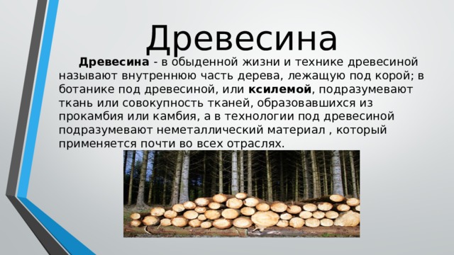 Древесина   Древесина - в обыденной жизни и технике древесиной называют внутреннюю часть дерева, лежащую под корой; в ботанике под древесиной, или ксилемой , подразумевают ткань или совокупность тканей, образовавшихся из прокамбия или камбия, а в технологии под древесиной подразумевают неметаллический материал , который применяется почти во всех отраслях. 