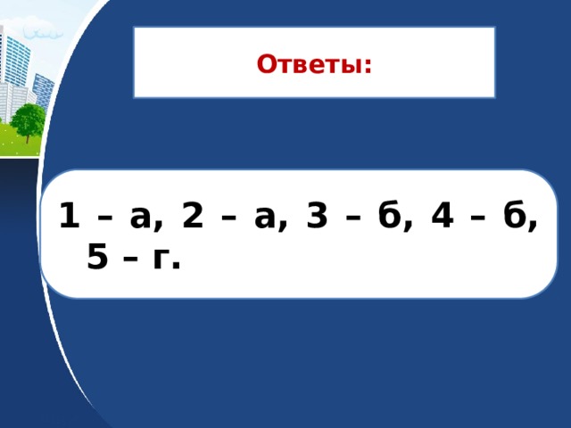 Ответы: 1 – а, 2 – а, 3 – б, 4 – б, 5 – г. 