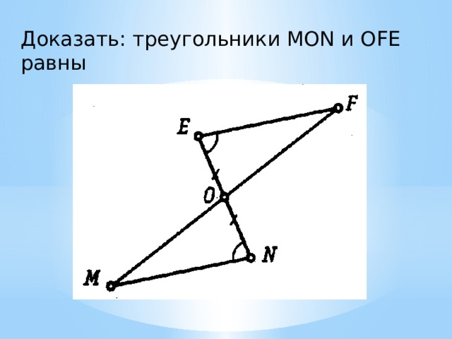 Доказать: треугольники MON и OFE равны 