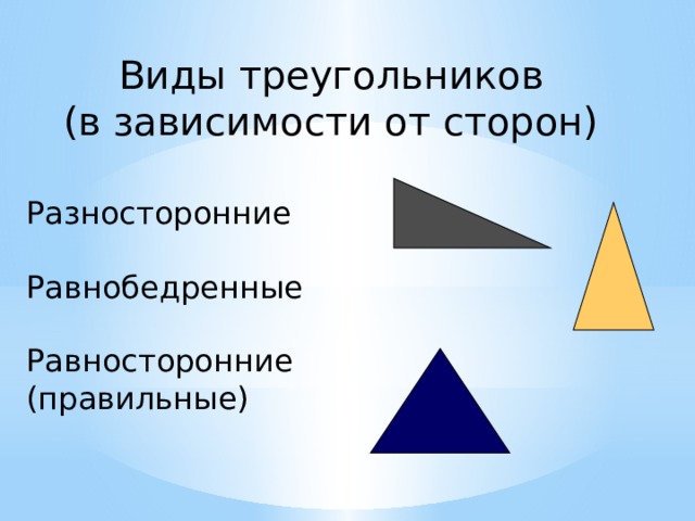 Виды треугольников  (в зависимости от сторон) Разносторонние Равнобедренные Равносторонние (правильные) 