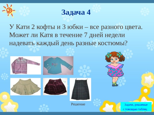 Задача 4 У Кати 2 кофты и 3 юбки – все разного цвета. Может ли Катя в течение 7 дней недели надевать каждый день разные костюмы? Решение Задачи, решаемые с помощью таблиц   