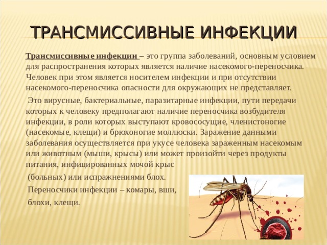 ТРАНСМИССИВНЫЕ ИНФЕКЦИИ  Трансмиссивные инфекции – это группа заболеваний, основным условием для распространения которых является наличие насекомого-переносчика. Человек при этом является носителем инфекции и при отсутствии насекомого-переносчика опасности для окружающих не представляет.  Это вирусные, бактериальные, паразитарные инфекции, пути передачи которых к человеку предполагают наличие переносчика возбудителя инфекции, в роли которых выступают кровососущие, членистоногие (насекомые, клещи) и брюхоногие моллюски. Заражение данными заболевания осуществляется при укусе человека зараженным насекомым или животным (мыши, крысы) или может произойти через продукты питания, инфицированных мочой крыс  (больных) или испражнениями блох.  Переносчики инфекции – комары, вши,  блохи, клещи. 