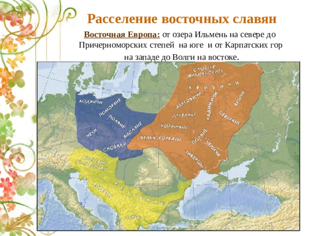  Расселение восточных славян  Восточная Европа:  от озера Ильмень на севере до Причерноморских степей на юге и от Карпатских гор  на западе до Волги на востоке . Расселение славян 