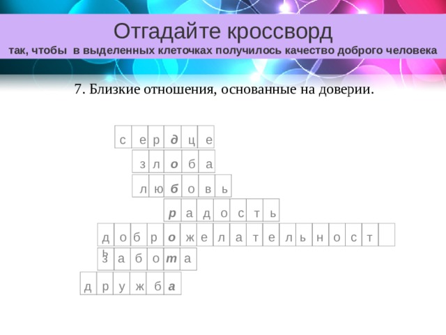 Отгадайте кроссворд так, чтобы в выделенных клеточках получилось качество доброго человека 7. Близкие отношения, основанные на доверии. с е р д ц е  з л о б а  л ю б о в ь р а д о с т ь д о б р о ж е л а т е л ь н о с т ь з а б о т а д р у ж б а 