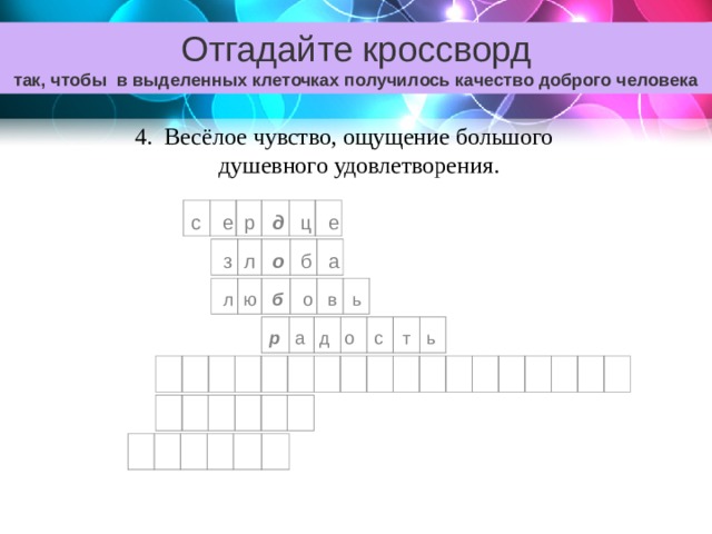 Отгадайте кроссворд так, чтобы в выделенных клеточках получилось качество доброго человека 4. Весёлое чувство, ощущение большого душевного удовлетворения. с е р д ц е  з л о б а  л ю б о в ь р а д о с т ь 