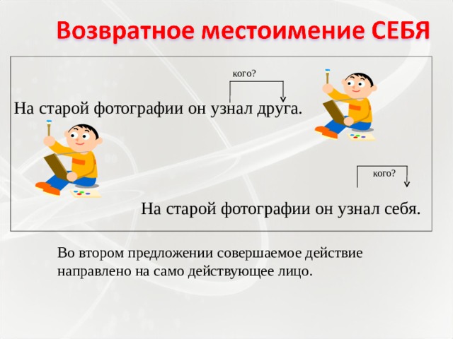  кого?  На старой фотографии он узнал друга.  кого?  На старой фотографии он узнал себя. Во втором предложении совершаемое действие направлено на само действующее лицо. 