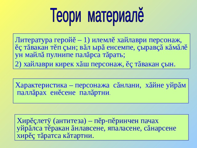 Литература геройĕ – 1) илемлĕ хайлаври персонаж, ĕç тăвакан тĕп çын; вăл ырă енсемпе, çыравçă кăмăлĕ ун майлă пулнипе палăрса тăрать; 2) хайлаври кирек хăш персонаж, ĕç тăвакан çын. Характеристика – персонажа сăнлани, хăйне уйрăм паллăрах енĕсене палăртни .  Хирĕçлетÿ (антитеза) – пĕр-пĕринчен пачах уйрăлса тĕракан ăнлавсене, япаласене, сăнарсене хирĕç тăратса кăтартни.  