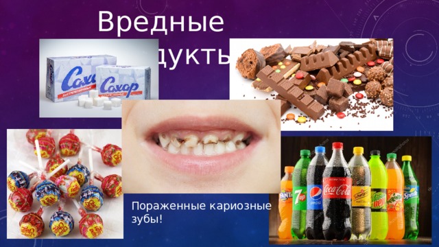 Вредные продукты. Пораженные кариозные зубы! 