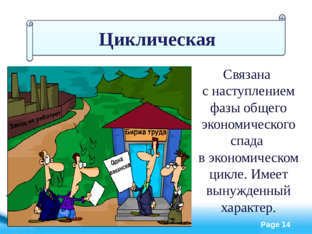 Циклическая Связана с наступлением фазы общего экономического спада в экономическом цикле. Имеет вынужденный характер.