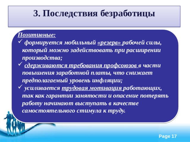 3. Последствия безработицы Позитивные: