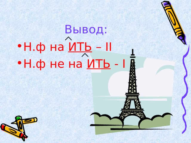 Вывод: Н.ф на ИТЬ – II Н.ф не на ИТЬ - I 