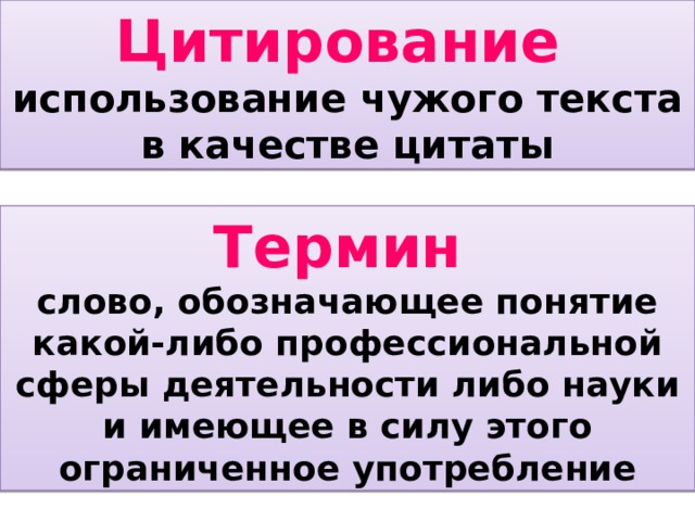 Цитирование использование чужого текста в качестве цитаты Термин слово, обозначающее понятие какой-либо профессиональной сферы деятельности либо науки и имеющее в силу этого ограниченное употребление 