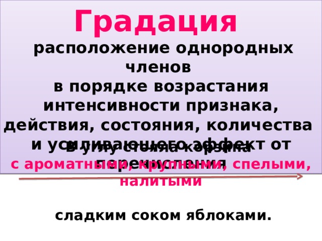 Градация  расположение однородных членов в порядке возрастания интенсивности признака, действия, состояния, количества и усиливающего эффект от перечисления В углу стояла корзина с ароматными, крупными, спелыми, налитыми   сладким соком яблоками. 